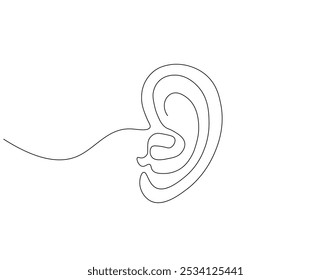 Dibujo continuo de una línea del oído humano. Ilustración de dibujo de una línea de la anatomía humana. Concepto de día internacional de escucha de una sola línea. Esquema editable