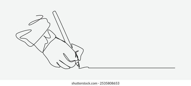 Continuous one line drawing of human hand writing using a pencil. Editable line. Isolated background. Vector illustration.