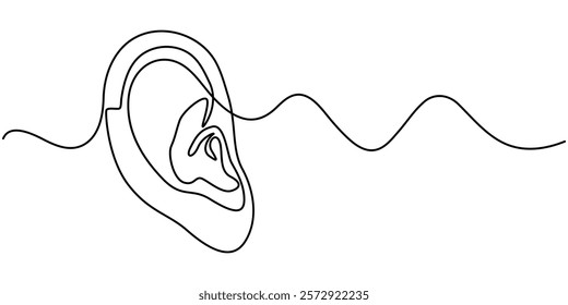 Continuous one line drawing of human ear with sound waves. One line drawing illustration of human ear. Parts of body concept one line. Editable outline, Continuous one line drawing of human ear.