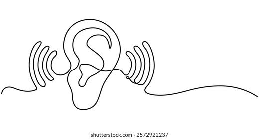 Continuous one line drawing of human ear with sound waves. One line drawing illustration of human ear. Parts of body concept one line. Editable outline, Continuous one line drawing of human ear.