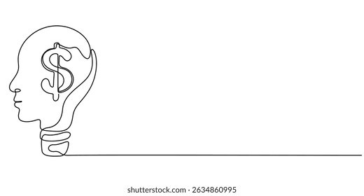Continuous One line drawing of a human face with dollar sign inside. Good idea to make money, Investment Ideas icon, vector illustration for web mobile application, Thinking about money icon.