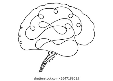 Continuous one line drawing of human brain and outline vector illustration on a white background.