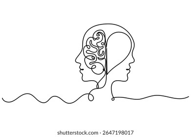 Continuous one line drawing of human brain and outline vector illustration on a white background.