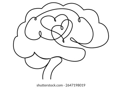 Continuous one line drawing of human brain and outline vector illustration on a white background.