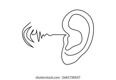 Dibujo continuo de una línea de oído humano con ondas de sonido Icono de ilustración de dibujo de una línea