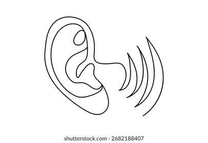 Dibujo continuo de una línea de oído humano con ondas de sonido Icono de ilustración de dibujo de una línea