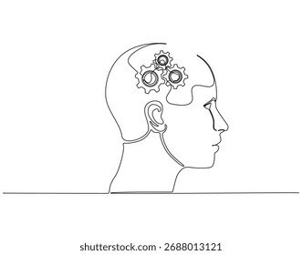 Dibujo continuo de una línea de cabeza humana con máquina de engranajes en el interior. Ilustración de dibujo de una línea de cabeza humana y mezcla de máquina de engranajes. La mente en el concepto de progreso de una sola línea. Esquema editable 

