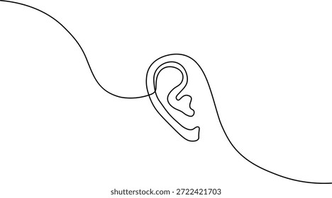 Dibujo continuo de una línea de un icono de oreja humana. Símbolo médico minimalista para audiología y audiología. Arte de línea negro simple sobre fondo blanco.