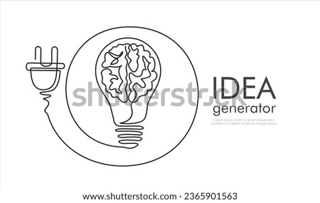 Continuous one line drawing of 
Human brain, light bulb and plug. Creative idea inspiration generator - concept banner for presentation, booklet, web site and other design projects. Mind layout.