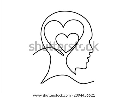 Continuous one line drawing of human head with a hearts. Vector illustration