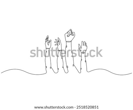 Continuous one line drawing of human rights day. One line drawing illustration of raise hands. International human rights day concept line art. Editable outline