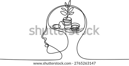 continuous one line drawing of a human head and brain thinking about Coins stack with leaves branch, thinking about how and where to make money One line draw graphic design vector
