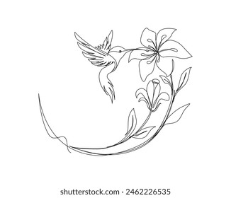 Continuous one line drawing of hummingbird with hibiscus flowers. Hummingbird is sucking the nectar out single outline vector design. Editable stroke.