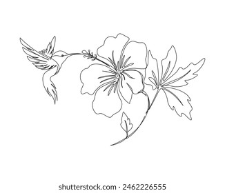 Continuous one line drawing of hummingbird with hibiscus flowers. Hummingbird is sucking the nectar out single outline vector design. Editable stroke.