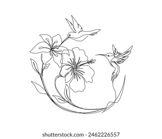 Continuous one line drawing of hummingbird with hibiscus flowers. Hummingbird is sucking the nectar out single outline vector design. Editable stroke.