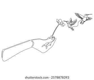 Continuous one line drawing of hummingbird eat flower hold by hand. One line drawing illustration of hummingbird with hand holding flower. Giving, mutualism concept single line. Editable outline