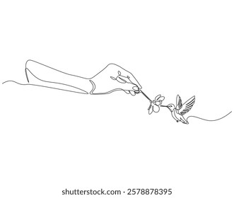 Continuous one line drawing of hummingbird eat flower hold by hand. One line drawing illustration of hummingbird with hand holding flower. Giving, mutualism concept single line. Editable outline