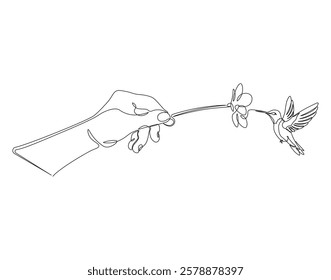 Continuous one line drawing of hummingbird eat flower hold by hand. One line drawing illustration of hummingbird with hand holding flower. Giving, mutualism concept single line. Editable outline