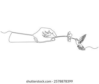 Continuous one line drawing of hummingbird eat flower hold by hand. One line drawing illustration of hummingbird with hand holding flower. Giving, mutualism concept single line. Editable outline