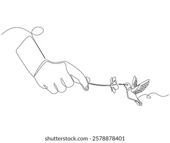 Continuous one line drawing of hummingbird eat flower hold by hand. One line drawing illustration of hummingbird with hand holding flower. Giving, mutualism concept single line. Editable outline