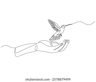 Continuous one line drawing of hummingbirds perch on palm. One line drawing illustration of hummingbird fly in palm. Beautiful, bonding concept single line. Editable outline