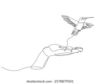 Continuous one line drawing of hummingbirds perch on palm. One line drawing illustration of hummingbird fly in palm. Beautiful, bonding concept single line. Editable outline