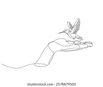 Continuous one line drawing of hummingbirds perch on palm. One line drawing illustration of hummingbird fly in palm. Beautiful, bonding concept single line. Editable outline