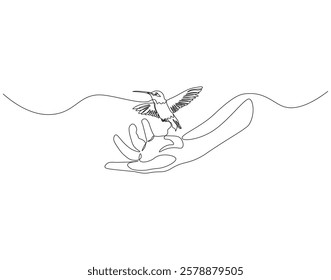 Continuous one line drawing of hummingbirds perch on palm. One line drawing illustration of hummingbird fly in palm. Beautiful, bonding concept single line. Editable outline