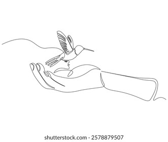 Continuous one line drawing of hummingbirds perch on palm. One line drawing illustration of hummingbird fly in palm. Beautiful, bonding concept single line. Editable outline