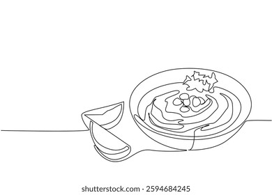 Continuous one line drawing hummus in white bowl with leaf and nut toppings plus lemon slices. Creamy and fresh blend in mouth. International Hummus Day. Single line draw design vector illustration