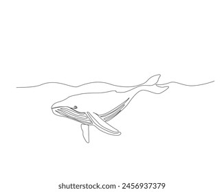 Continuous one line drawing of Humpback whale illustration. Breaching Humpback whale simple outline vector design. Editable stroke.