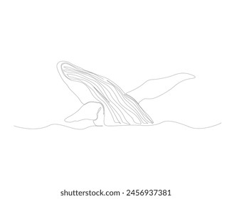 Continuous one line drawing of Humpback whale illustration. Breaching Humpback whale simple outline vector design. Editable stroke.