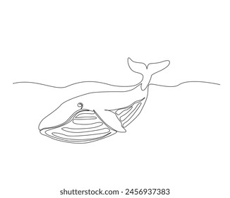 Continuous one line drawing of Humpback whale illustration. Breaching Humpback whale simple outline vector design. Editable stroke.