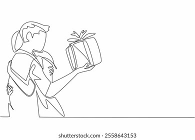 Continuous one line drawing a husband hugging his wife while holding a ribboned gift box. Sweet surprise gift. Affection. Present. Husband Appreciation Day. Single line draw design vector illustration