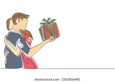 Continuous one line drawing a husband hugging his wife while holding a ribboned gift box. Sweet surprise gift. Affection. Present. Husband Appreciation Day. Single line draw design vector illustration