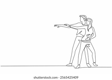 Continuous one line drawing husband and wife dancing couple. Showing a charming performance. Salsa dance. Awesome. Romantic dance. International Dance Day. Single line draw design vector illustration