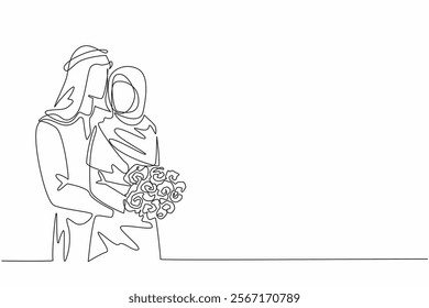 Continuous one line drawing husband hugging wife from behind and wife holding a bouquet of flowers. Love as fragrant as roses. Couple Appreciation Day. Single line draw design vector illustration