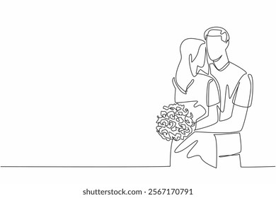 Continuous one line drawing husband hugging wife from behind and wife holding a bouquet of flowers. Simple but very meaningful. Couple Appreciation Day. Single line draw design vector illustration