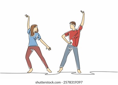 Continuous one line drawing husband and wife dancing. Cultivating the bond between couples. Relieve stress together. Captivating. International Dance Day. Single line draw design vector illustration