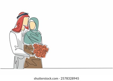 Continuous one line drawing husband hugging wife from behind and wife holding a bouquet of flowers. Love as fragrant as roses. Couple Appreciation Day. Single line draw design vector illustration