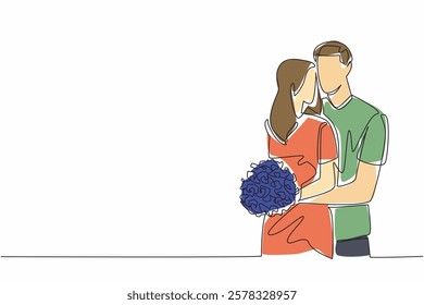 Continuous one line drawing husband hugging wife from behind and wife holding a bouquet of flowers. Simple but very meaningful. Couple Appreciation Day. Single line draw design vector illustration