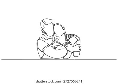 Dibujo continuo de una línea del marido abrazando a la esposa alivia el estrés. Ilustración de dibujo de una sola línea del Día Internacional del Abrazo. Abrazo de hombre para el Arte vectorial de concepto de confort. Ilustración de la línea Doodle.
