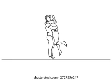 Dibujo continuo de una línea del marido abrazando a la esposa alivia el estrés. Ilustración de dibujo de una sola línea del Día Internacional del Abrazo. Abrazo de hombre para el Arte vectorial de concepto de confort. Ilustración de la línea Doodle.