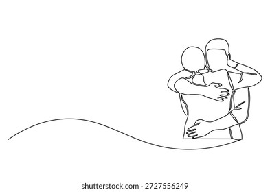 Dibujo continuo de una línea del marido abrazando a la esposa alivia el estrés. Ilustración de dibujo de una sola línea del Día Internacional del Abrazo. Abrazo de hombre para el Arte vectorial de concepto de confort. Ilustración de la línea Doodle.
