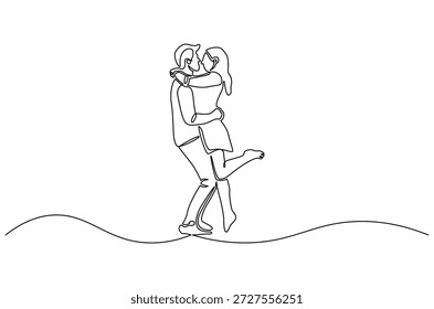 Dibujo continuo de una línea del marido abrazando a la esposa alivia el estrés. Ilustración de dibujo de una sola línea del Día Internacional del Abrazo. Abrazo de hombre para el Arte vectorial de concepto de confort. Ilustración de la línea Doodle.