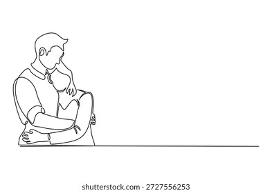 Dibujo continuo de una línea del marido abrazando a la esposa alivia el estrés. Ilustración de dibujo de una sola línea del Día Internacional del Abrazo. Abrazo de hombre para el Arte vectorial de concepto de confort. Ilustración de la línea Doodle.