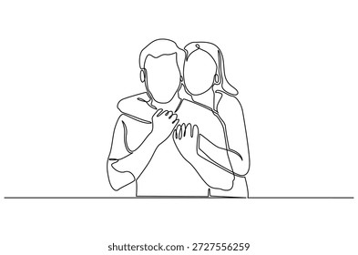 Dibujo continuo de una línea del marido abrazando a la esposa alivia el estrés. Ilustración de dibujo de una sola línea del Día Internacional del Abrazo. Abrazo de hombre para el Arte vectorial de concepto de confort. Ilustración de la línea Doodle.