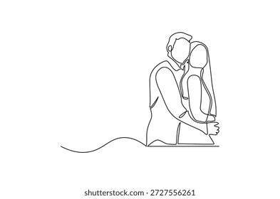 Dibujo continuo de una línea del marido abrazando a la esposa alivia el estrés. Ilustración de dibujo de una sola línea del Día Internacional del Abrazo. Abrazo de hombre para el Arte vectorial de concepto de confort. Ilustración de la línea Doodle.