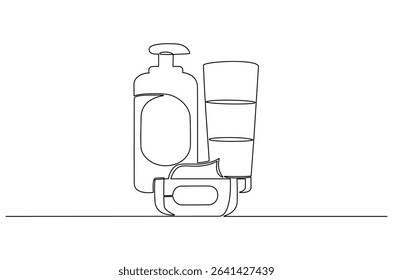 Continuous one line drawing of Hydrating facial skincare set for annual sale. Single line drawing illustration of Skincare ads template. Cosmetic package concept vector art. Doodle line illustration.