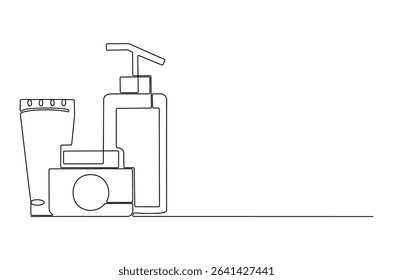 Continuous one line drawing of Hydrating facial skincare set for annual sale. Single line drawing illustration of Skincare ads template. Cosmetic package concept vector art. Doodle line illustration.